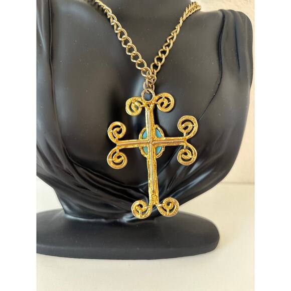 B29 Vintage ART Cross Necklace Faux Turquoise Cabochon Pendant Madonna Gothic - Picture 7 of 8